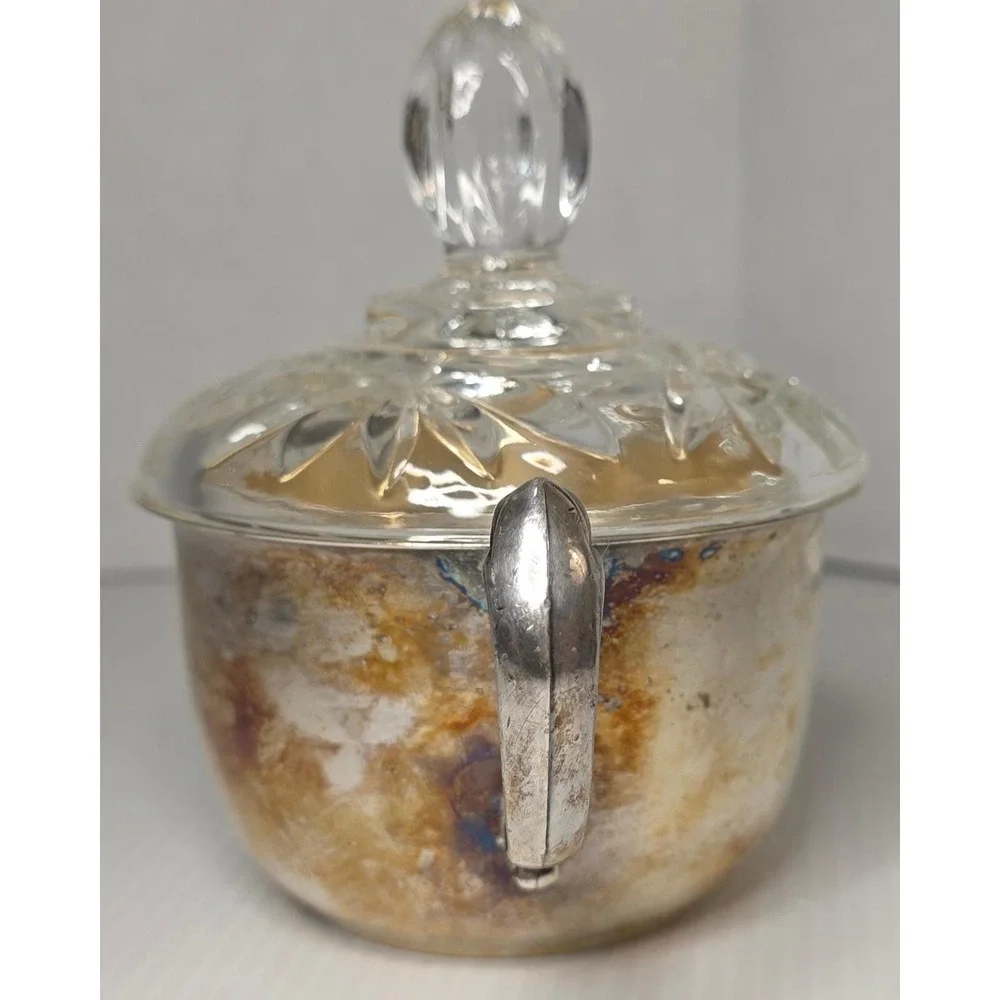Sheridan Sugar Bowl OS Silver Fair Vintage Silver Plated Cut Glass‎ Lid